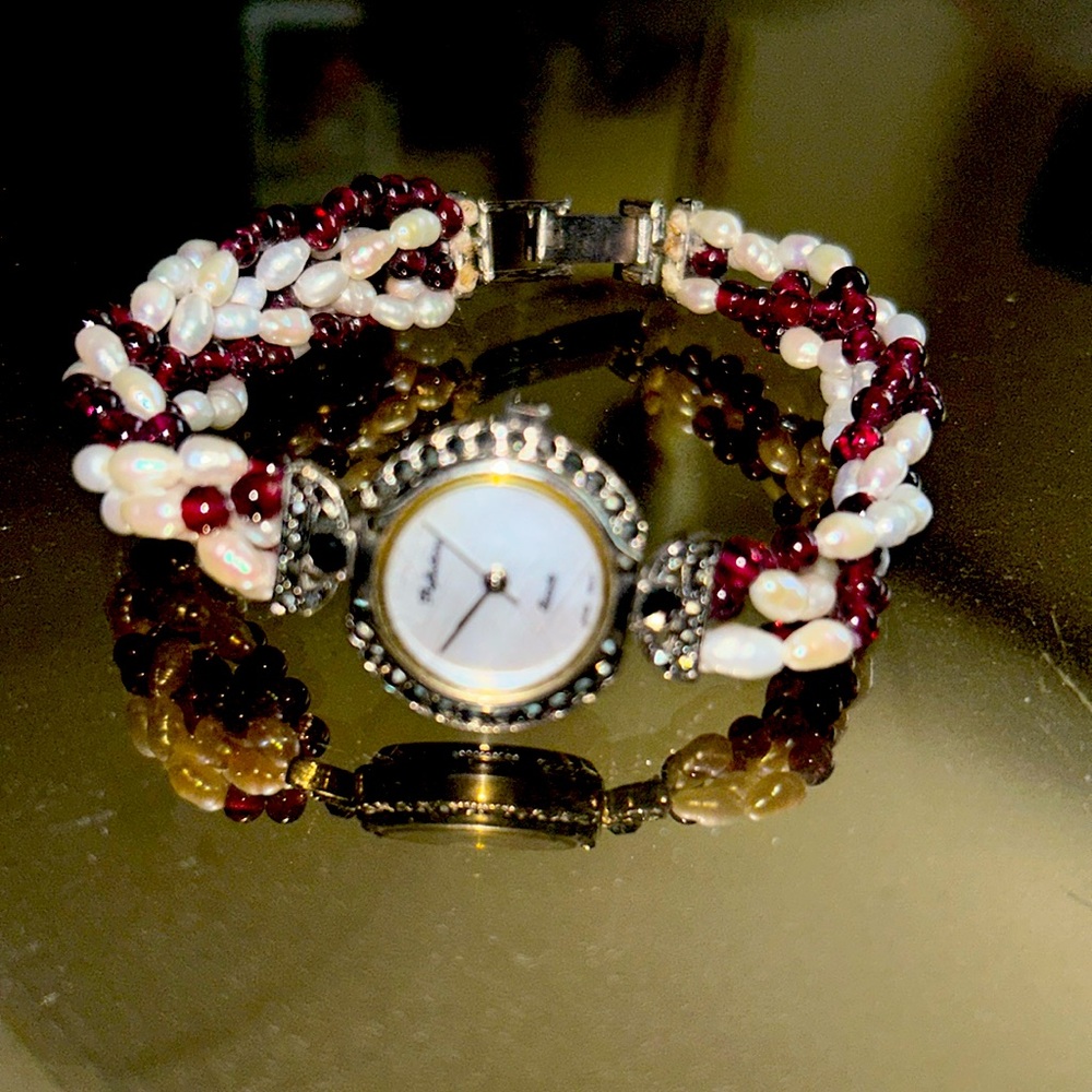 Elegant Burgundy and Pearl Bead Watch Bracelet